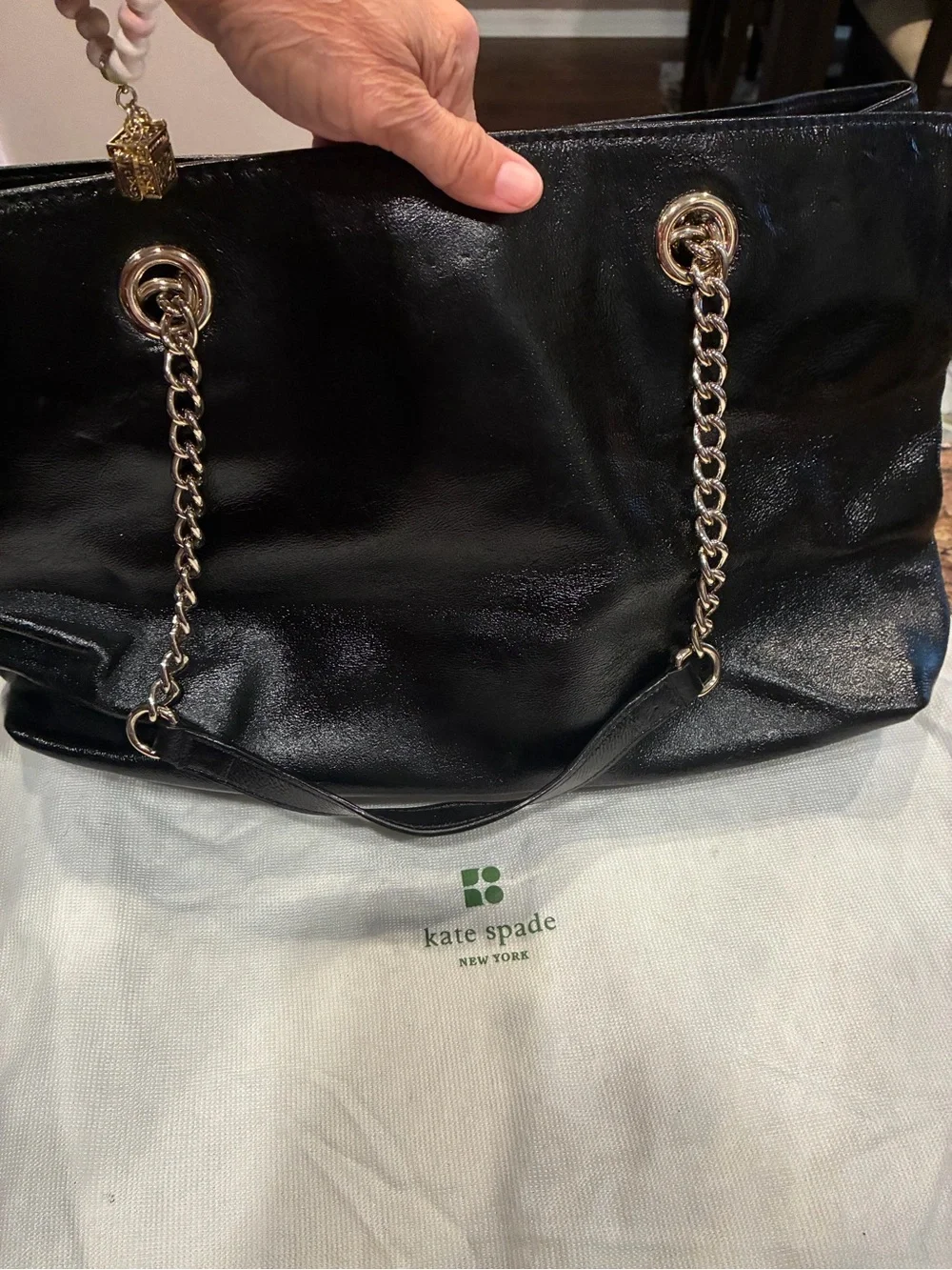 kate spade Black Leather Tote with Gold Chain Handles